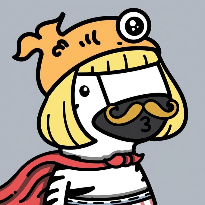 A cartoon illustration of a blonde character wearing a fish-shaped hat, a blindfold, and a large mustache, dressed in a white outfit with a red scarf.