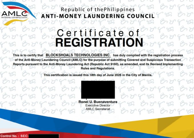 A 'Certificate of Registration' from the Republic of the Philippines Anti-Money Laundering Council (AMLC), certifying that 'BLOCKSHOALS TECHNOLOGIES INC.' has complied with registration, issued on the 18th day of June 2026 in the City of Manila, signed by Ronel U. Buenaventura, Executive Director, AMLC Secretariat.