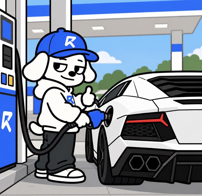 A cartoon dog mascot wearing a blue "R" cap fuels up a sleek white sports car at a gas station also branded with "R," symbolizing the runup.fun platform "bridging to INJ" by sending gas fee coverage ($INJ) to funded wallets before its October 2nd, 4:30pm UTC launch.