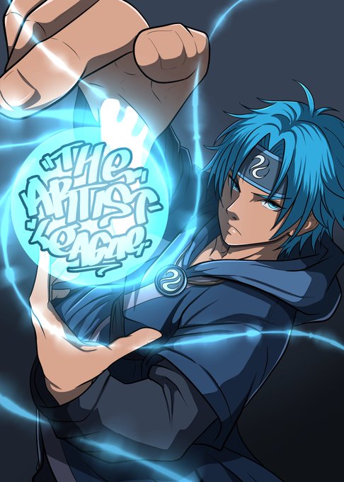 The image features a blue-haired anime character with a hoodie, holding a ball of light above his head. The background is dark, creating an atmospheric setting for the scene. The caption at the bottom of the image reads "Week 2 | Task 1 Team Name: The Artist League ( @singularity_66 @amstar_art @Nwude Chris1 )". This suggests that this image might be related to a project or event organized by The Artist League, and it is being shared on social media platforms.