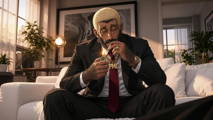 An illustrated scene shows a blonde-haired man in a pinstripe suit sitting on a white couch, lighting a cigarette, with a 'GPMG' gold pendant hanging from his neck.