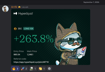 A Telegram post by Art1s dated September 7, 2026, displaying a graphic for Hyperliquid (ZEC LONG 10X) showing a return of +263.8%, with an Entry Price of 985.54 and a Mark Price of 1,246.1.