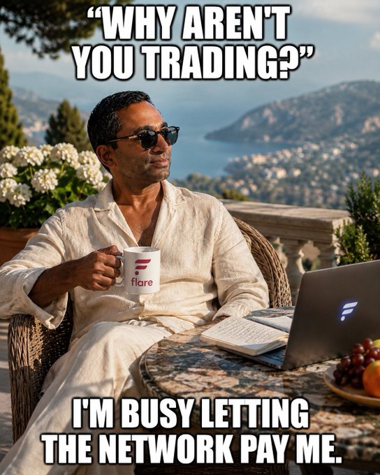 A relaxed man in sunglasses sips coffee from a "flare" branded mug on a Mediterranean balcony with a laptop beside him, captioned "WHY AREN'T YOU TRADING?" / "I'M BUSY LETTING THE NETWORK PAY ME." The image humorously illustrates the post's message about passive $FLR staking and delegation rather than active trading.