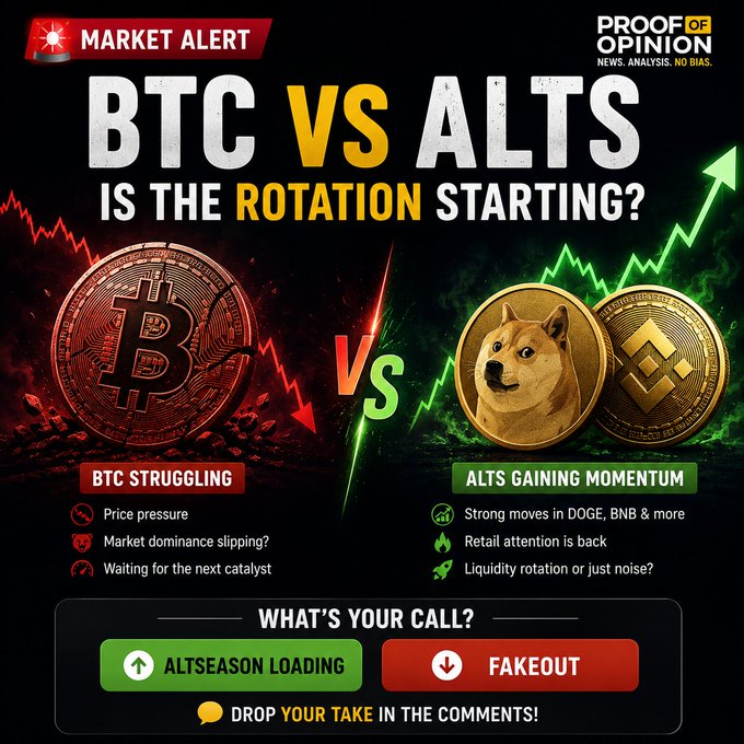 A market alert graphic titled 'BTC VS ALTS - IS THE ROTATION STARTING?' featuring a red downward-trending Bitcoin coin and green upward-trending Dogecoin and Binance coins, comparing 'BTC STRUGGLING' to 'ALTS GAINING MOMENTUM' with poll options.