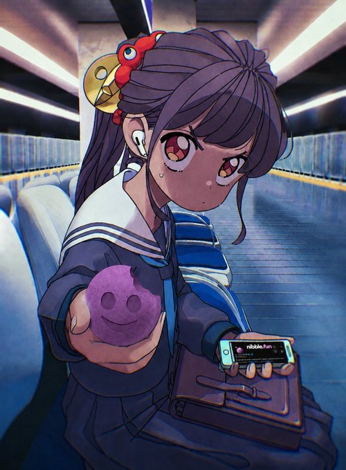 An anime-style drawing of a girl with dark hair in a sailor uniform holding out a purple smiley-face ball and looking at a Nintendo Switch screen displaying 'nibble.fun'.