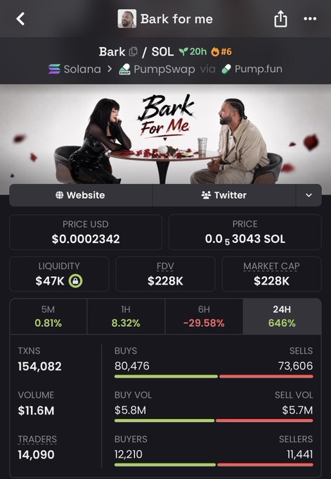 The image displays a cryptocurrency token page for "Bark for me" (ticker: BARK) on the Solana blockchain via PumpSwap/Pump.fun, showing a current price of $0.0002342, market cap of $228K, and 24H price increase of 646%. The accompanying caption referencing "$20M+ volume on $600K market cap" appears to contradict the displayed metrics, which show only $11.6M volume and $228K market cap, suggesting the post is mocking or criticizing the token as bundled.