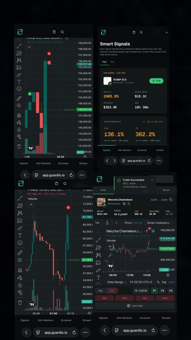 Four screenshots from the Guards app showing a SOL (Solana) trade: top-left displays the entry candlestick chart around $190, top-right shows the "PUMP #CO" signal with -0.36% movement, bottom-left captures the exit chart with price action dropping to $187, and bottom-right displays the closed Meocha Chameleon trade with a 50.70 / 0.32% result, illustrating the automated signal-to-exit workflow described in the post.