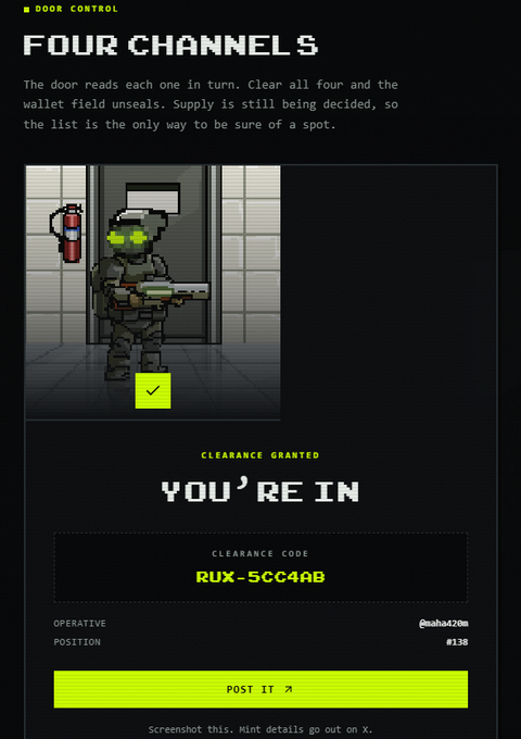 A pixel-art style 'Four Channels' clearance screen featuring a character with green goggles holding a gun, displaying 'CLEARANCE GRANTED YOU'RE IN' and a clearance code 'RUX-5CC4AB'.