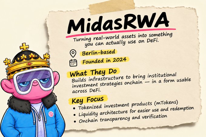 An infographic about 'MidasRWA' featuring a pink monkey character wearing a crown and sunglasses, describing the Berlin-based company founded in 2024 that bridges institutional investment strategies to DeFi through tokenized investment products (mTokens), liquidity architecture, and onchain transparency.