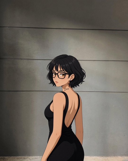 An anime-style illustration of a woman with short black hair and glasses, wearing a black backless dress, looking over her shoulder against a gray wall.