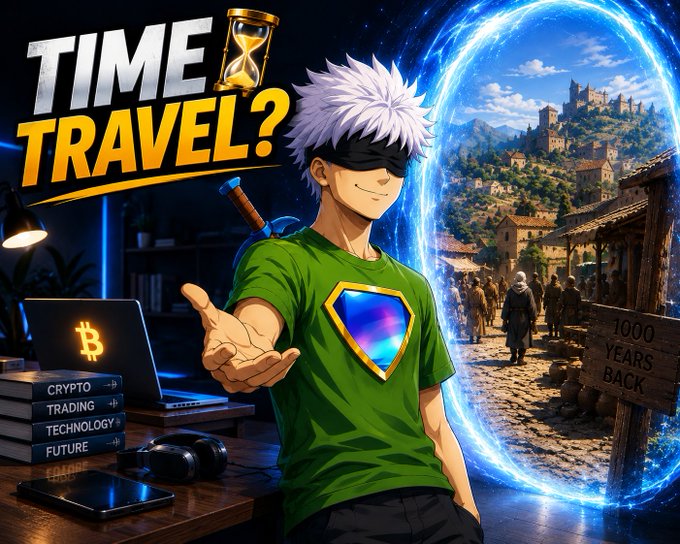 An anime-style YouTube thumbnail featuring a white-haired, blindfolded character in a green shirt reaching forward, with "TIME TRAVEL?" prominently displayed alongside an hourglass graphic, a glowing portal showing a medieval village with a "1000 YEARS BACK" sign, and books labeled "CRYPTO," "TRADING," "TECHNOLOGY," and "FUTURE" next to a Bitcoin-logo laptop.

The image visually reinforces the post's pivot from crypto talk to a fun, speculative discussion about time travel, blending the channel's finance themes (Bitcoin, trading, technology) with the whimsical premise of choosing a historical era to visit.