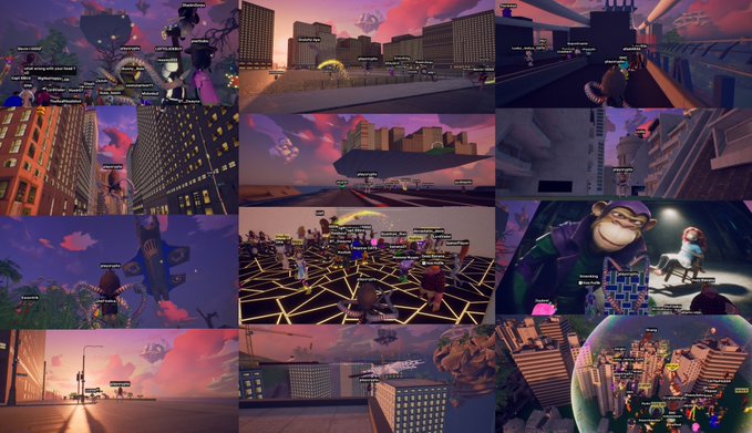 Collage of multiple gameplay screenshots from what appears to be a multiplayer online game with city/urban environments, sky islands, and various characters in different scenes.