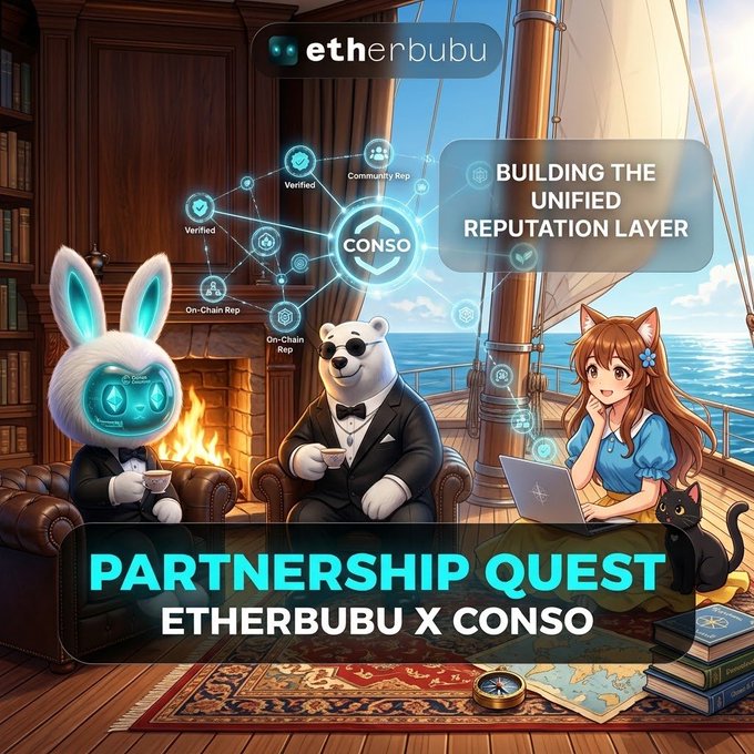 An illustrated promotional graphic titled 'PARTNERSHIP QUEST ETHERBUBU X CONSO' features a white rabbit in a suit, a polar bear with sunglasses, and a girl with a laptop, with text reading 'BUILDING THE UNIFIED REPUTATION LAYER' and 'CONSO'.