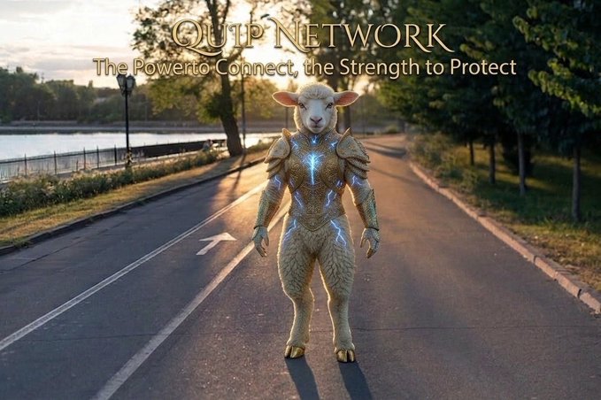 A promotional graphic for 'QUIP NETWORK' featuring an armored sheep character with glowing blue accents walking down a road by a lake, with the tagline 'The Power to Connect, the Strength to Protect'.