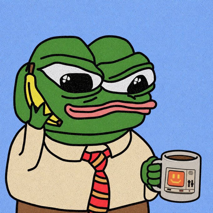 A cartoon illustration of a green frog-like character in a shirt and striped tie talking on a yellow banana phone while holding a coffee mug featuring a smiley face.