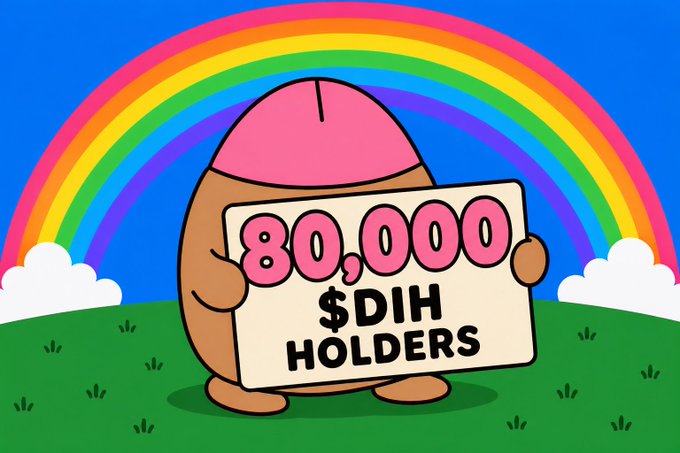 A cartoon illustration of a potato-like character with a pink dome head holding a sign that reads '80,000 $DIH HOLDERS' against a rainbow background.