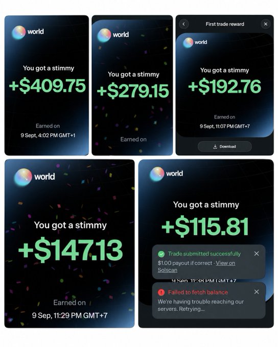 A collage of five screenshots from the Worldcoin app showing various "stimmy" earnings amounts (+$409.75, +$279.15, +$192.76, +$147.13, +$115.81) earned on September 9th, along with notifications about a successful trade submission and a failed balance fetch.