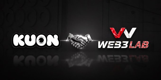 A handshake graphic between "KUON" and "WEB3LAB" logos on a black background, visually representing the collaboration between Web3Lab and KUON NFT to launch the 888-piece Dreamwalkers PFP collection on Ethereum.
