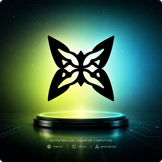 A digital graphic features a stylized black butterfly logo above a glowing circular platform, with the text 'DECENTRALIZED QUANTUM COMPUTING', 'COMPUTE', 'SECURE', and 'DECENTRALIZED' at the bottom.