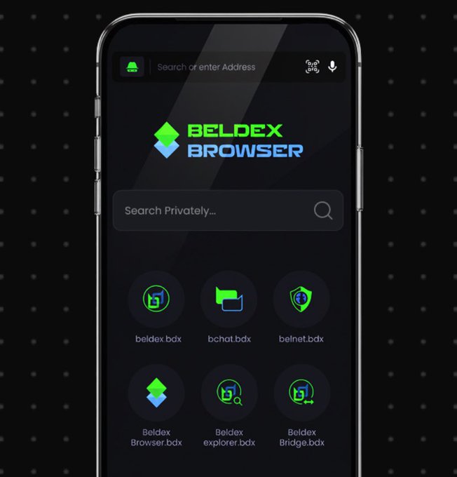Smartphone displaying the Beldex Browser app interface with its logo, a private search bar, and shortcut icons for beldex.bdx, bchat.bdx, belnet.bdx, Beldex Browser.bdx, Beldex explorer.bdx, and Beldex Bridge.bdx.