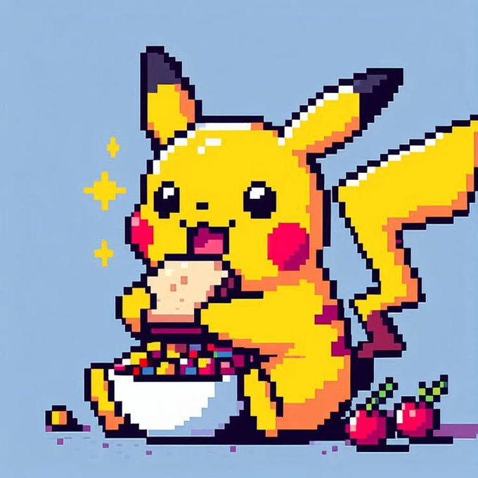 A pixel art illustration of a happy Pikachu holding a bowl of food with sparkles around it, set against a blue background.