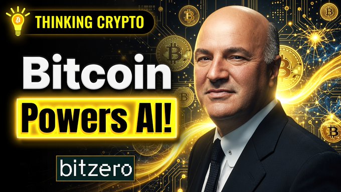 The image is a YouTube thumbnail featuring Kevin O'Leary against a glowing Bitcoin-themed background, with bold text reading "Bitcoin Powers All!" alongside the "Thinking Crypto" channel logo and Bitzero branding. It visually promotes an interview where O'Leary and Bitzero CEO Mohammed Bakhashwain discuss Bitcoin mining and AI data center strategy.