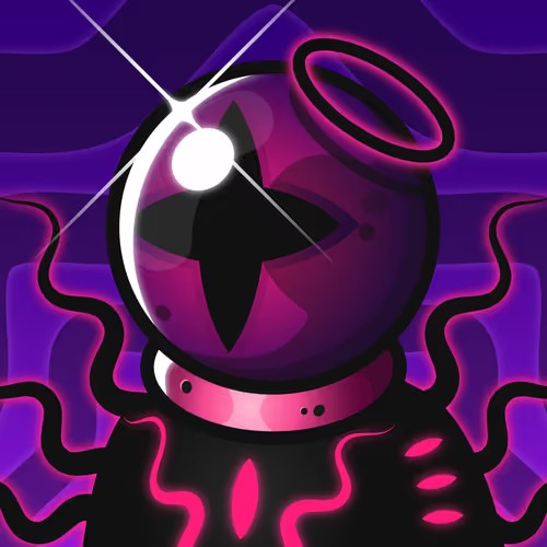 A dark, ominous purple and black character with a glowing white eye, a halo, and swirling tendrils emerging from its body.