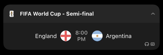 A notification shows the FIFA World Cup Semi-final match between England and Argentina at 8:00 PM, available with audio and TV streaming. This matches the post's $500 SOL giveaway challenging followers to predict the correct score within 48 hours, tying the prize to this high-stakes matchup.