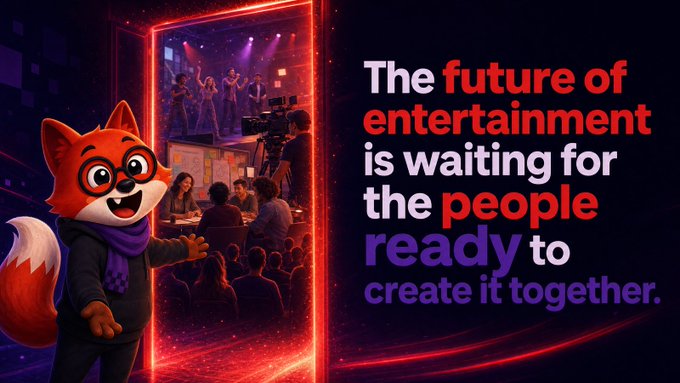 An advertisement featuring a cartoon fox mascot points through a glowing red portal toward a film production scene, with the text 'The future of entertainment is waiting for the people ready to create it together.'