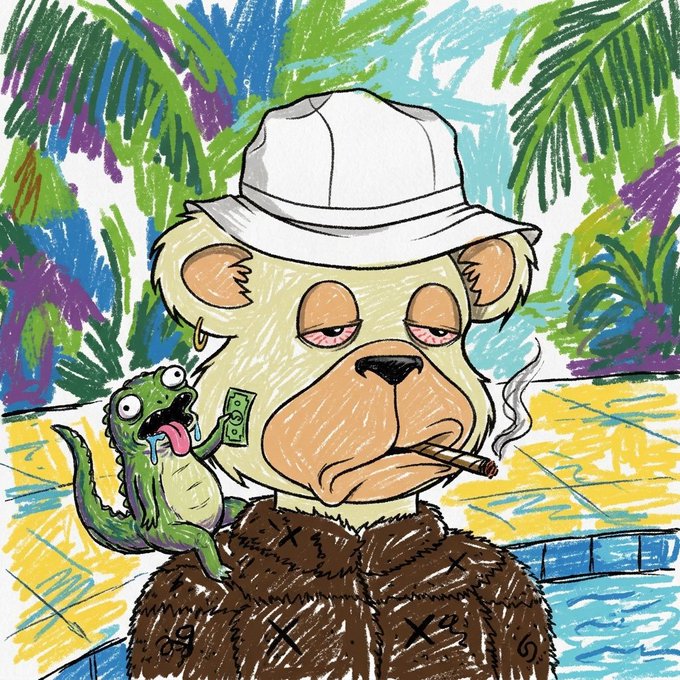 A hand-drawn cartoon depicts a bearish-looking dog wearing a bucket hat, fur coat, and gold earring, smoking a cigar by a pool while a green lizard/dinosaur holds up money next to it.
