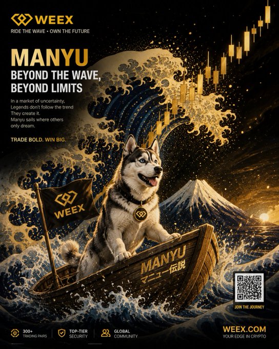 A promotional poster for WEEX featuring a husky in a boat named 'MANYU' sailing on stylized waves reminiscent of 'The Great Wave off Kanagawa', with a glowing candlestick chart in the sky and the text 'BEYOND THE WAVE, BEYOND LIMITS'.