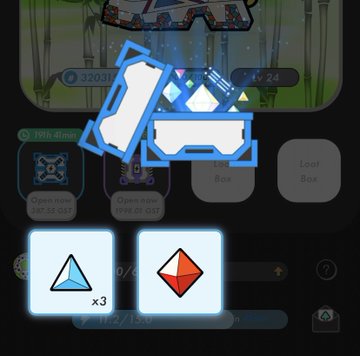 The image features a gameplay screenshot showing an open game box with two blue diamonds and a red triangle inside, along with other shapes such as squares and rectangles. The background of the screenshot has various symbols and logos indicating different game elements or characters from the game.