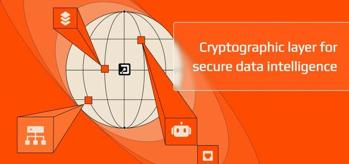 An orange promotional graphic features a white globe with map pins and icons, alongside the text 'Cryptographic layer for secure data intelligence'.