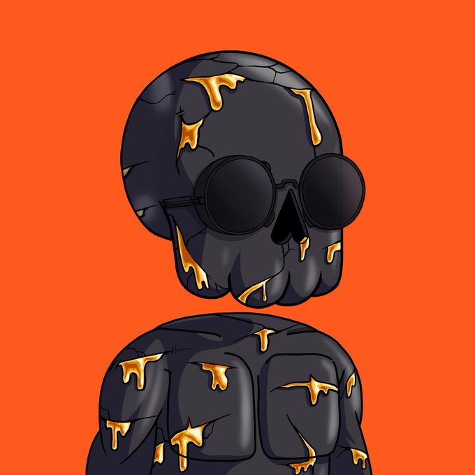 A digital illustration of a black skull with glowing orange cracks wearing round goggles, set against an orange background.