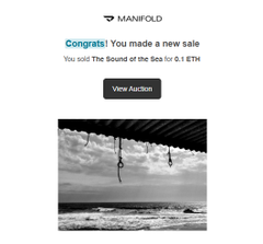 A Manifold Markets notification reading 'Congrats! You made a new sale. You sold The Sound of the Sea for 0.1 ETH' with a black and white image of empty swings on a beach.