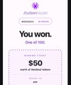 A notification screen from Action Accel shows 'You won.' and 'AWARDED TOKEN $50'.