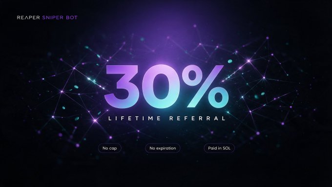 A promotional graphic for 'Reaper Sniper Bot' advertises a '30% Lifetime Referral' program with features including 'No cap', 'No expiration', and 'Paid in SOL'.
