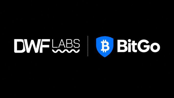 A black background displays the white 'DWF LABS' logo on the left, separated by a vertical line from the 'BitGo' logo on the right, which features a blue shield containing a white Bitcoin symbol.