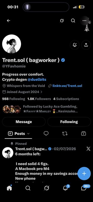 A Twitter/X profile page for 'Trent.sol (bagworker)' @YFavhomie with the bio 'Progress over comfort. Crypto degen @duebits' showing 988 Following, 1.8K Followers, and a pinned post about selling 4 figs to buy a Macbook pro M4.