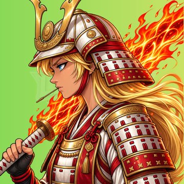 The image shows a blonde anime-style warrior in ornate red and gold samurai armor with flame motifs, holding a sword, fitting the post's promotion of the "$LOL" collection as showcasing superior digital art.