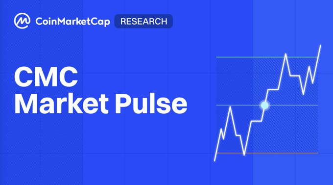 A CoinMarketCap Research branded graphic titled "CMC Market Pulse" featuring a stylized white line chart on a blue background, visually representing the market downturn described in the post about BTC, ETH, and stablecoin depegs.