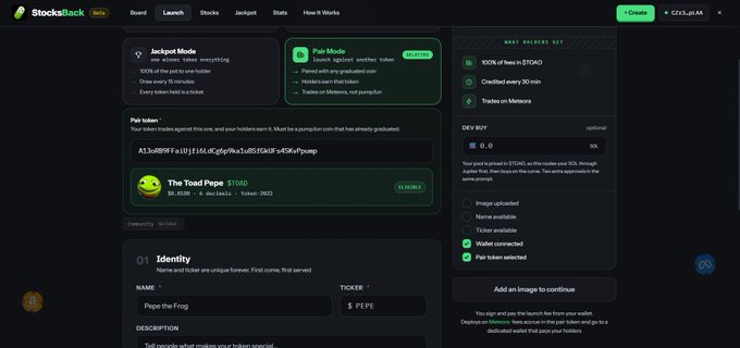 The image shows a Stocksback "Launch" dashboard for creating a new token, featuring options for "Jackpot Mode" and "Pair Mode" (with Toad Mode active), along with configuration fields for a token named "Pepe the Frog" ($PEPE) set to pair with $TOAD on Metora. This dashboard visually represents the platform's flywheel mechanism described in the post, where token creators can pair their launches with $TOAD so that all holders automatically receive $TOAD rewards every 30 minutes and every buy pumps $TOAD's price, exemplified by the displayed $9.20 token price with 6 initial holders and $89,201 market cap.