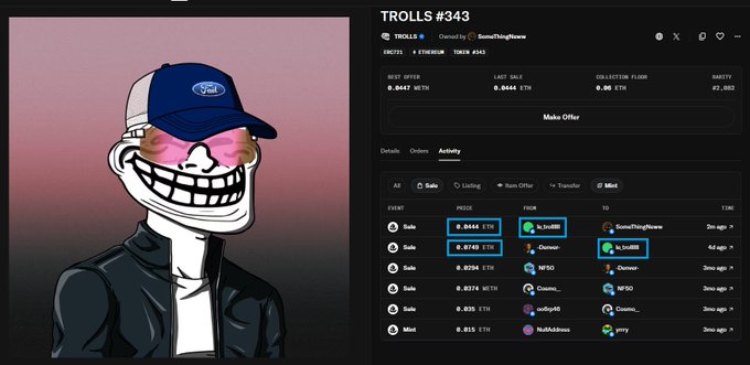 A screenshot of a trolls NFT collection page (#343) showing the token's stats including a floor price of 0.0444 ETH, last sale of 0.0444 ETH, and activity history listing multiple recent sales and mints at 0.0444 ETH, alongside the iconic troll meme artwork wearing a Ford cap and pink sunglasses. The repeated 0.0444 ETH values tie into the "Get Trolled" caption, suggesting a coordinated meme pump tied to the number 444.