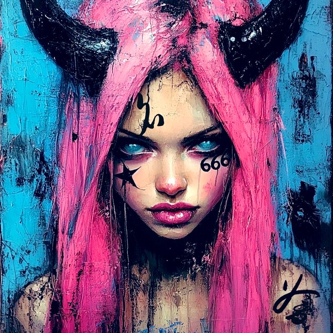 A vibrant pop art-style portrait painting of a woman with pink hair, black horns, and striking blue eyes, featuring the number '666' tattooed on her cheek against a textured blue background.