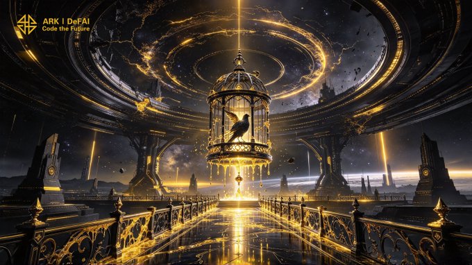 A majestic bird soars free from an ornate golden cage beneath a vast cosmic dome, symbolizing liberation and boundless potential. The "ARK | DeFAI Code the Future" logo appears in the top left, reinforcing the post's theme of AI agents breaking limits and the ARK ecosystem's next chapter taking flight.