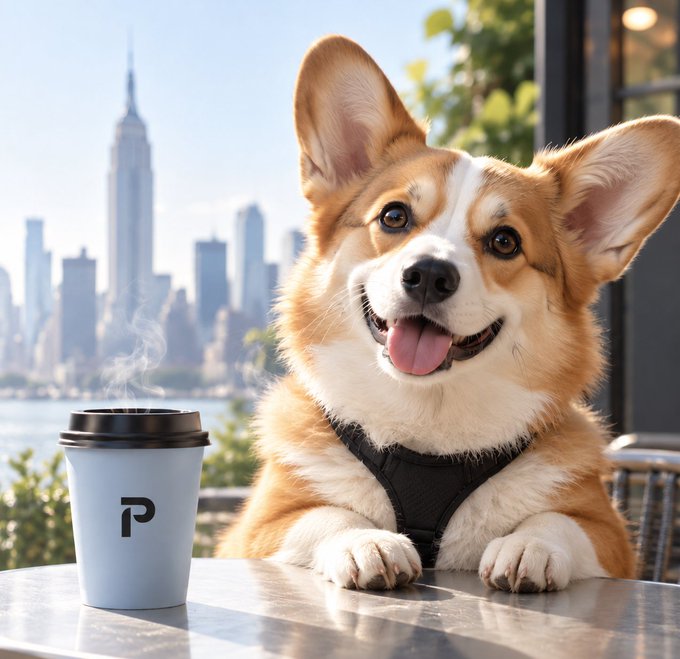 A happy Corgi wearing a black harness sits at an outdoor cafe table beside a steaming blue coffee cup, with a city skyline and water visible in the background.
