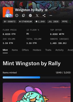 A screenshot of an NFT marketplace page for 'Wingston by Rally' collection, showing a floor price of 0.0229 ETH, with 1,649 of 3,000 items minted.