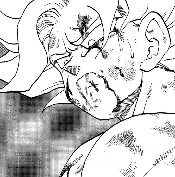 Black and white manga panel showing a close-up of an unconscious character with spiky hair, with sweat drops visible on their face and a hand near their head.