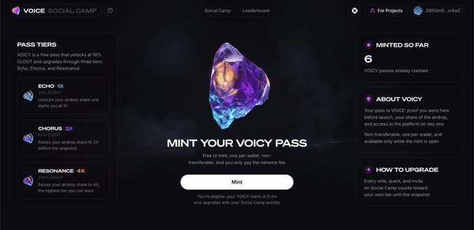 The image shows the VOICE Social Camp mint page, featuring a central "MINT YOUR VOICE PASS" button alongside a purple crystalline graphic. On the left, it details three pass tiers—Echo (1X, 10% CLOUT), Chorus (2X, 20% CLOUT), and Resonance (4X, 30% CLOUT)—while the right side indicates 6 VOICE passes have been claimed so far and explains how upgrades work through Social Camp quests.