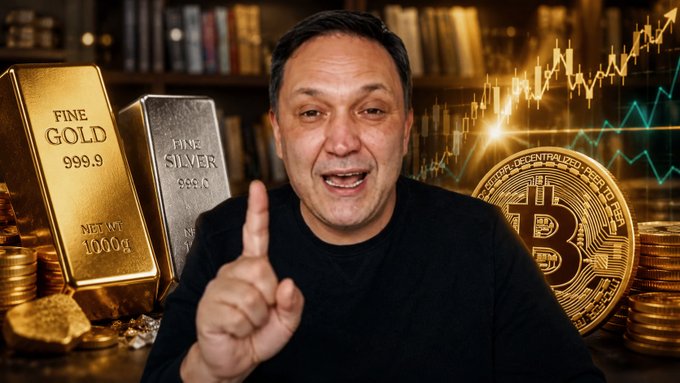 A man in a black shirt points his finger directly at the camera, set against a background featuring gold bars labeled "FINE GOLD 999.9", silver bars, stacked coins, a Bitcoin graphic, and an upward-trending stock market chart.